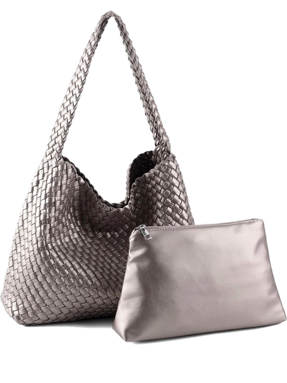 Woven Hobo Shoulder Bag with Matching Pouch - Metallic Taupe